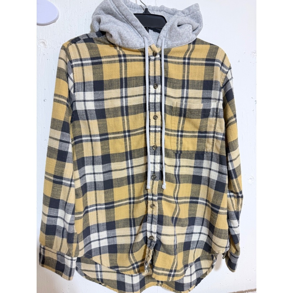 American Eagle Hooded Flannel Shirt Yellow Black Plaid Button Down Mens Small